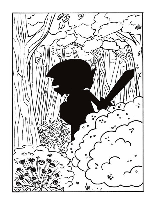 P1: An ink drawing of heavily forested area. Some flowers and a bush with berries are in the foreground. Behind the bush is a black silhouette of a shape with a sword and a shield. The forest stretches out behind him.