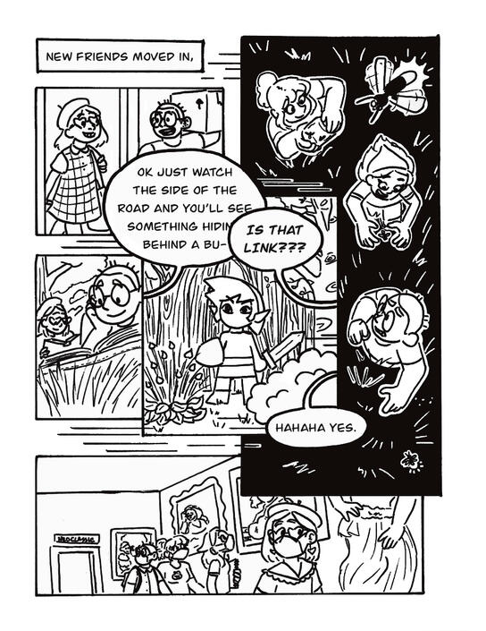 Another page of the comic: Narration reads: “New friends moved in,” P1: A panel of a new roommate arriving, Abby, in a beret. Lee carries a box. P2: Abby and Lee read in the grass outside. P3: Sophie, Arielle, and Lee run through a dark field. Sophie sm